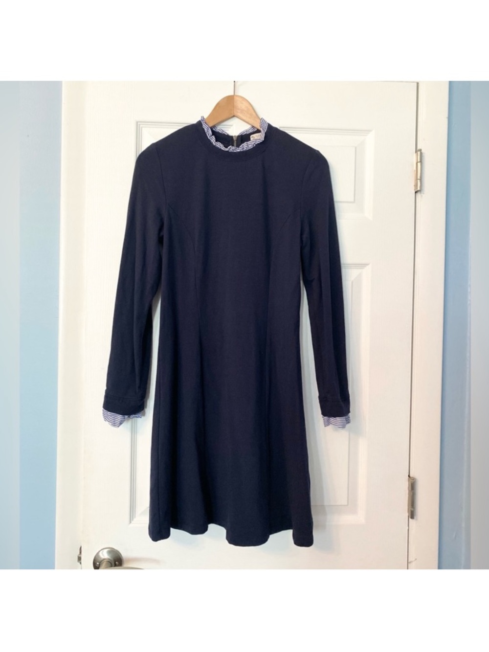 Elaine Rose Navy Long-Sleeve Ruffle Collar Dress